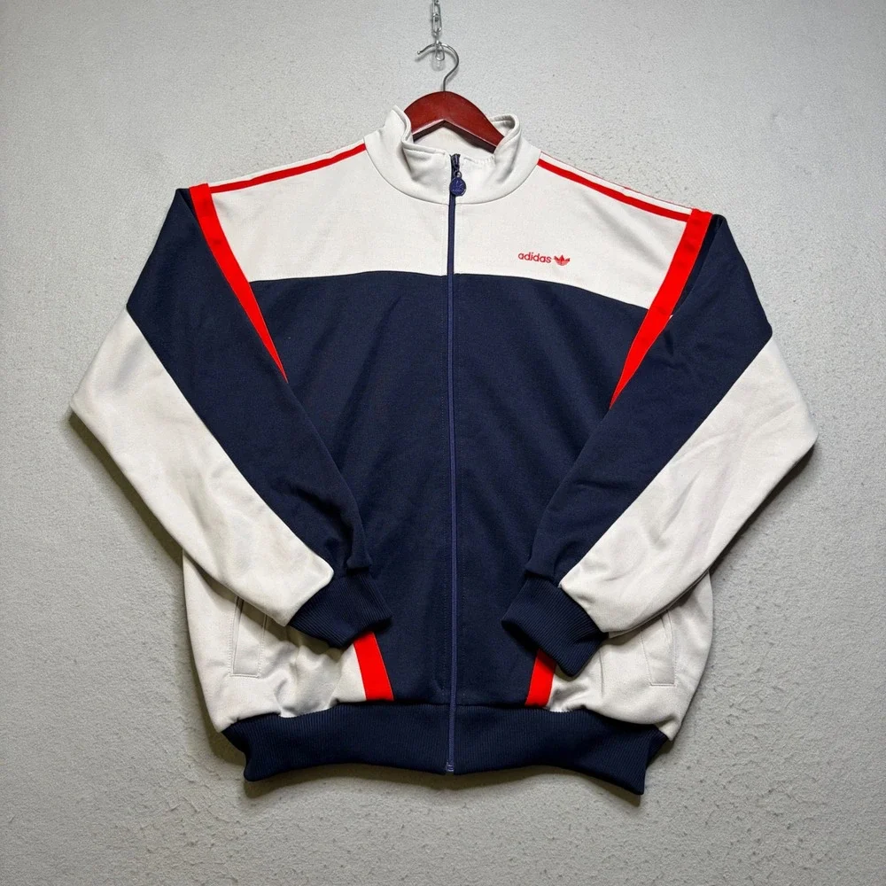 Adidas Track Jacket Mens XL Navy White Red Trefoil Vintage Colorblock Full Zip